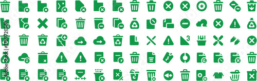 A large collection of green icons representing various actions and objects related to files and data management Keywords: green, icons, files, folders, trash, delete, remove, add, upload