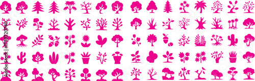 A diverse collection of pink silhouette icons representing various types of trees, plants, and foliage Keywords: pink, icons, trees, plants, foliage, nature, forest, garden, leaf, leaves