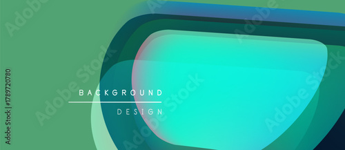 Abstract background features layered rounded shapes. Teal, blue, green hues create modern design. Text reads background design.
