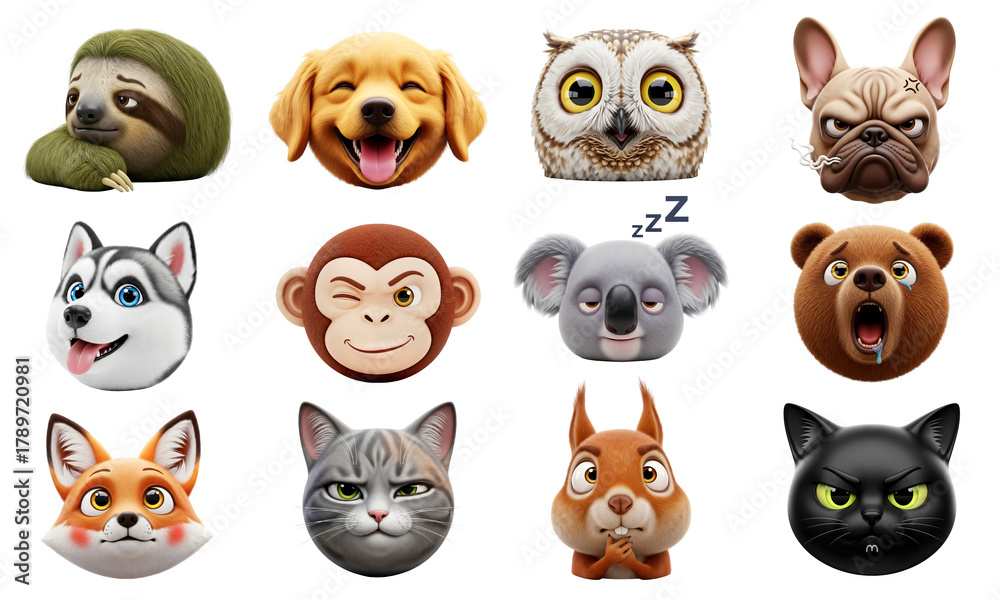 Naklejka premium 3D animal emoji icon set. Collection of cute cartoon animal faces and characters with various emotions, isolated on a transparent background. png