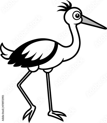 A cartoon stork, centered and in profile, strides purposefully from left to right. The stork is illustrated in black and white, featuring a long, pointed beak and large, expressive eyes. It carries a 