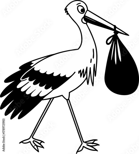 A cartoon stork, centered and in profile, strides purposefully from left to right. The stork is illustrated in black and white, featuring a long, pointed beak and large, expressive eyes. It carries a 