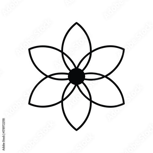 Minimalist six petal flower with solid black center outline design