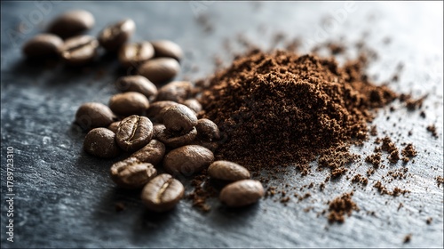 Coffee beans and ground coffee, dark brown, on a slate surface, close-up view, copy space.