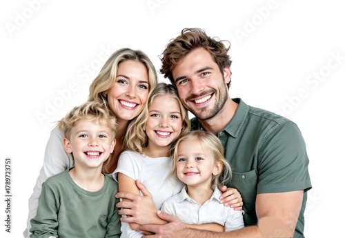 Smiling Caucasian Parents Hugging Three Kids on White Background Transparent