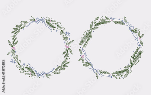 Christmas wreath border frame line art style with branches, winter floral. ribbon bow element. Minimalist vintage frame perfect for card, cover, greeting or cover.