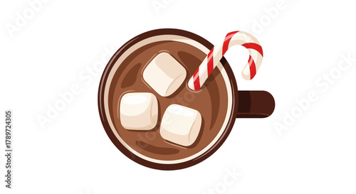 Topdown view of hot cocoa with marshmallows  a candy cane in a brown mug