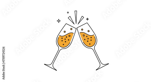 Two champagne glasses clink together with sparkles