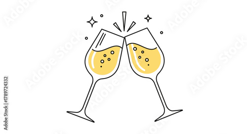 Two champagne glasses are toasting with the drink inside sparkling