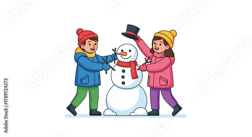 Two children build a snowman putting on a hat branches and scarf