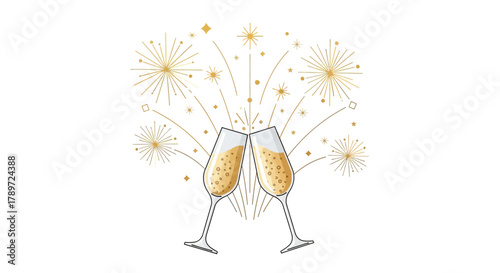 Two champagne glasses toasting against a backdrop of golden fireworks