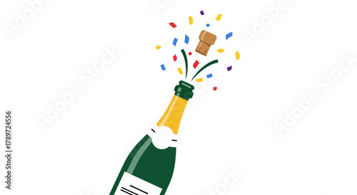 A bottle of champagne bursts open with a flying cork and colorful confetti