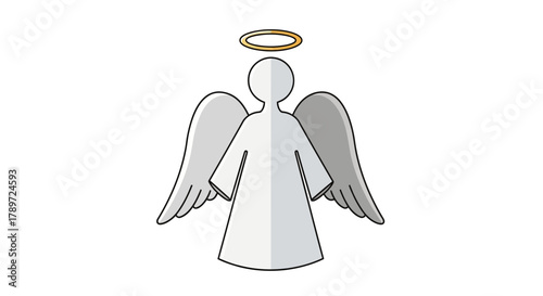 A cartoon angel figure stands haloed with stylized wings and minimalist design against a white background
