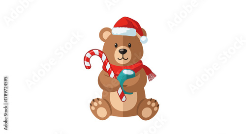 A brown bear wears a Santa hat and red scarf holding a candy cane and teal mug