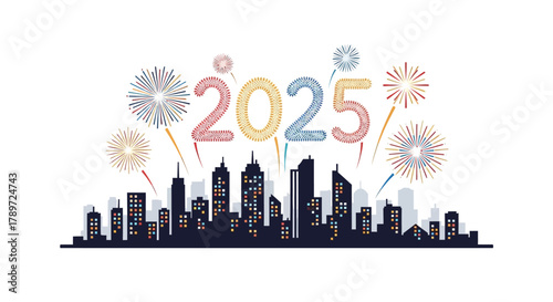 A cityscape silhouette with the year 2025 above punctuated by celebratory fireworks