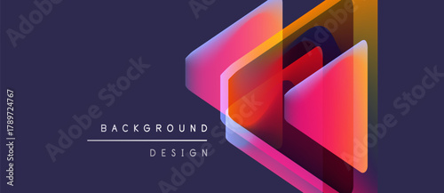 Abstract geometric shapes overlap, creating vibrant color gradients. Design features pink, orange, yellow hues on dark purple backdrop. Text reads background design.