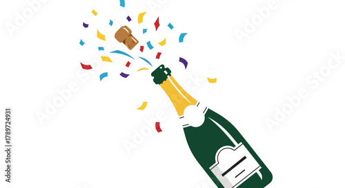 A green wine bottle with a popped cork surrounded by colorful confetti on a white backdrop