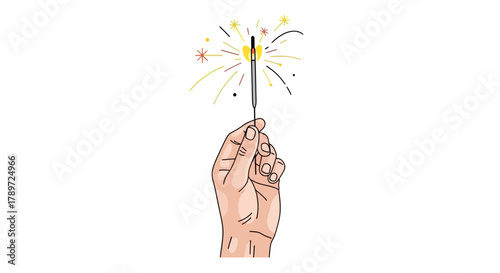 A hand holds a lit sparkler producing golden and red sparks against a white backdrop