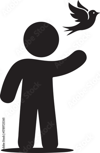 Vector pictogram of a person releasing a small bird into flight symbolizing freedom hope and peace