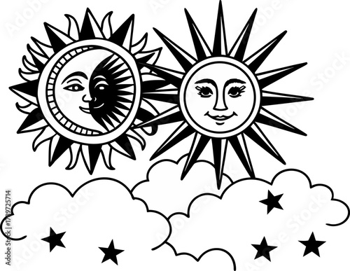 A black and white illustration presents a celestial scene, featuring stylized sun and moon faces. The composition centers on three main elements two suns and a crescent moon. The suns are rendered wit