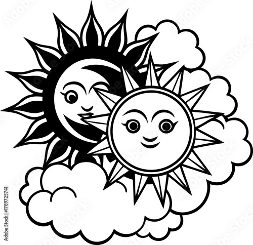 A black and white illustration presents a celestial scene, featuring stylized sun and moon faces. The composition centers on three main elements two suns and a crescent moon. The suns are rendered wit