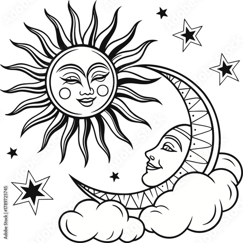 A black and white illustration presents a celestial scene, featuring stylized sun and moon faces. The composition centers on three main elements two suns and a crescent moon. The suns are rendered wit