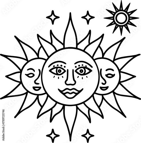 A black and white illustration presents a celestial scene, featuring stylized sun and moon faces. The composition centers on three main elements two suns and a crescent moon. The suns are rendered wit