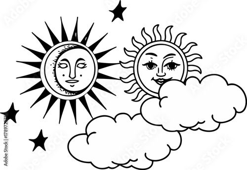 A black and white illustration presents a celestial scene, featuring stylized sun and moon faces. The composition centers on three main elements two suns and a crescent moon. The suns are rendered wit