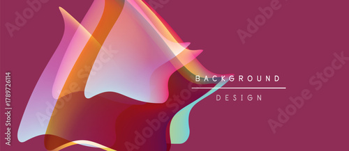 Abstract design features vibrant overlapping shapes. Pink background complements orange, teal, purple hues. Modern aesthetic.