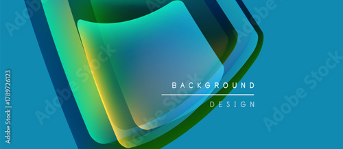 Abstract layered shapes create dynamic visual effect. Blue, green hues dominate composition. Text reads background design. Modern, sleek aesthetic.