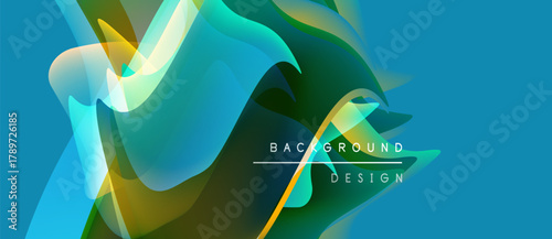 Abstract fluid shapes overlap, creating vibrant color gradients. Blue, green, yellow hues dominate design. Modern aesthetic.