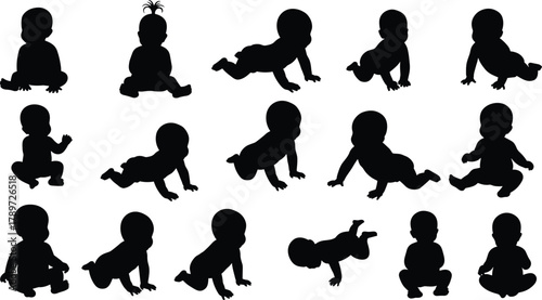 Baby silhouette set, crawling baby poses, infant movement illustration, toddler sitting vector, black baby icons, child development clipart