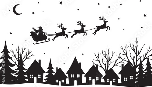 Beautiful Christmas illustration of Santa Claus flying in his sleigh pulled by reindeer across a snowy winter sky