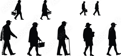 Elderly people silhouette, senior citizens walking, aging population concept, black profile figures, retirement lifestyle, mobility, independence, healthcare, community, support