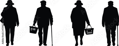 Elderly people walking, senior silhouettes, cane users, shopping baskets, winter clothing, aging mobility, independence, cold weather, daily routine, mature lifestyle