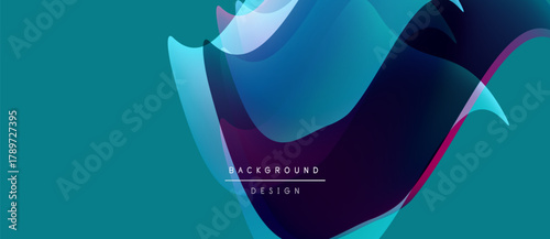 Abstract flowing shapes, vibrant blues, teal hues create dynamic background. Modern design elements suggest movement, energy.