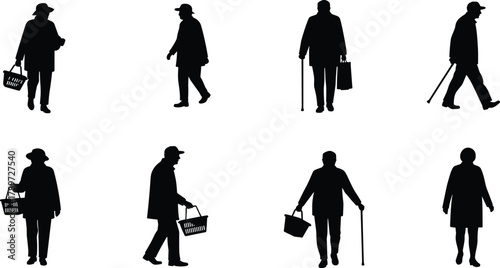 Elderly silhouettes, senior people walking, cane support, shopping basket, aging lifestyle, mobility aid, retirement concept, black figures, isolated, healthcare theme