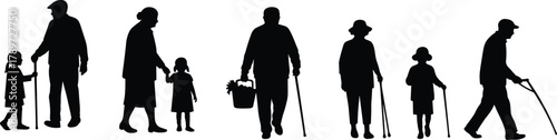 Elderly with cane, child interaction, senior walking, aging support, silhouette people, intergenerational bond, caregiving, mobility aid, family love, outdoor moment