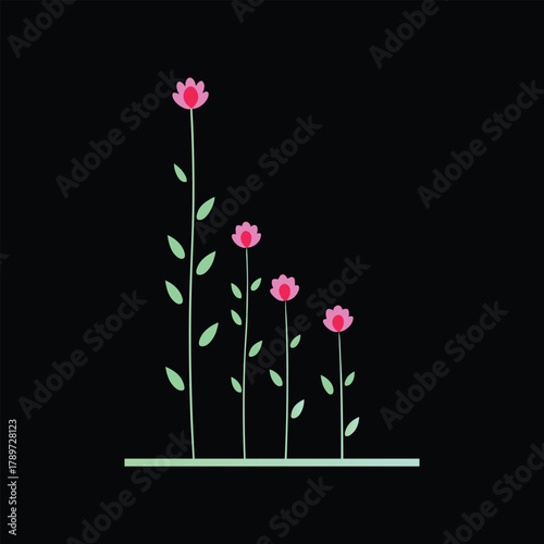Simple stylized pink flowers with green stems, natural growth