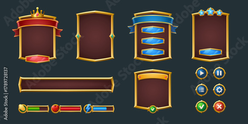 Set game frames and menu buttons cartoon interface