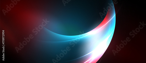 Abstract design features flowing curves, vibrant colors. Red, blue, white blend creating dynamic visual effect. Smooth gradients dominate composition.