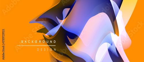 Abstract fluid shapes overlap, creating dynamic visual effect. Orange background complements blue, white gradients. Text reads background design.
