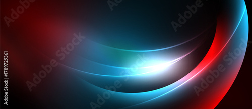 Abstract background features smooth curves, vibrant blues, reds, white light. Dynamic composition creates modern visual impact.