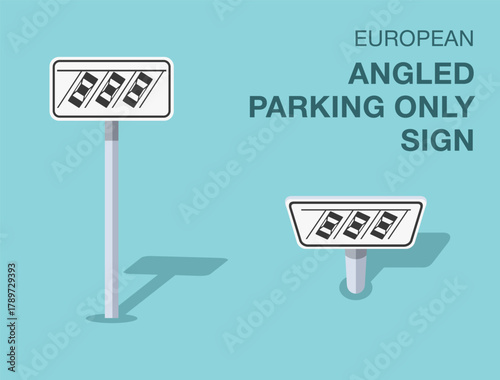 Traffic regulation rules. Isolated european "angled parking only" road sign. Front and top view. Flat vector illustration template.