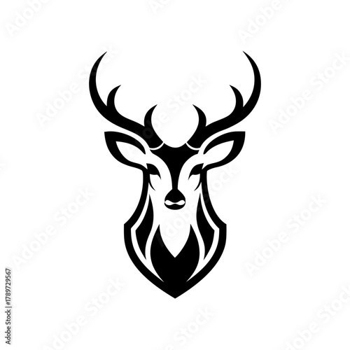 Illustration of a deer head with antlers in black color on transparent background