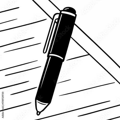A black and white image features a ballpoint pen. The pen is positioned diagonally from the upper right to the lower left of the frame. The body of the pen is cylindrical, with a cap on the top and a 