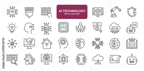 Set of line icons related to artificial intelligence, ai, machine learning, technology. Outline icons collection