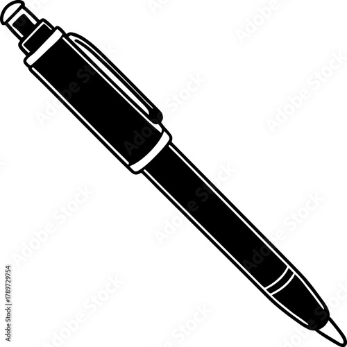 A black and white image features a ballpoint pen. The pen is positioned diagonally from the upper right to the lower left of the frame. The body of the pen is cylindrical, with a cap on the top and a 