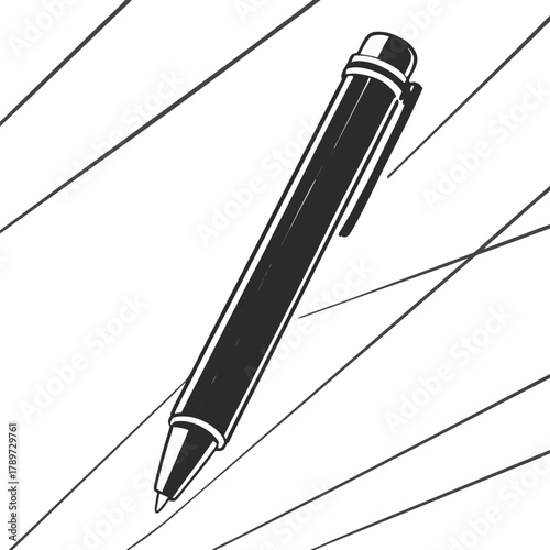 A black and white image features a ballpoint pen. The pen is positioned diagonally from the upper right to the lower left of the frame. The body of the pen is cylindrical, with a cap on the top and a 