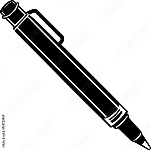 A black and white image features a ballpoint pen. The pen is positioned diagonally from the upper right to the lower left of the frame. The body of the pen is cylindrical, with a cap on the top and a 